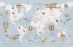 Мапа світу на українській мові із повітряними кулями та тваринами блакитна 150*98 см