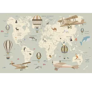 Мапа світу на українській мові із повітряними кулями та тваринами 150*98 см
