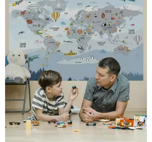 Постер наклейка Мапа світу на українській мові із тваринами і рибками у блакитному кольорі 94*60 см